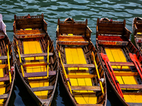 Boats moor along Naini Lake (Naini Tal) in Nainital, Uttarakhand, India, on April 21, 2024. (