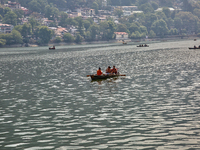 Boats are along Naini Lake (Naini Tal) in Nainital, Uttarakhand, India, on April 21, 2024. (