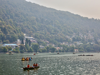 Boats are along Naini Lake (Naini Tal) in Nainital, Uttarakhand, India, on April 21, 2024. (