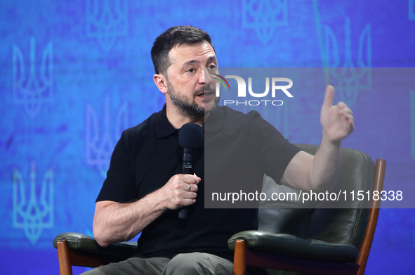 President of Ukraine Volodymyr Zelenskyy holds a news conference during the Ukraine 2024 Independence Forum in Kyiv, Ukraine, on August 27,...