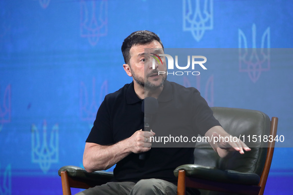 President of Ukraine Volodymyr Zelenskyy holds a news conference during the Ukraine 2024 Independence Forum in Kyiv, Ukraine, on August 27,...