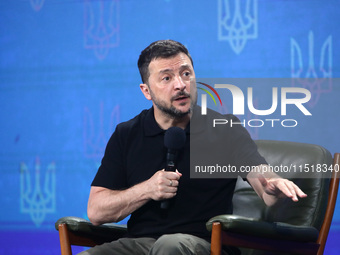 President of Ukraine Volodymyr Zelenskyy holds a news conference during the Ukraine 2024 Independence Forum in Kyiv, Ukraine, on August 27,...