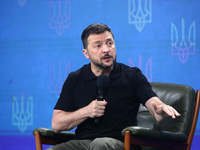 President of Ukraine Volodymyr Zelenskyy holds a news conference during the Ukraine 2024 Independence Forum in Kyiv, Ukraine, on August 27,...