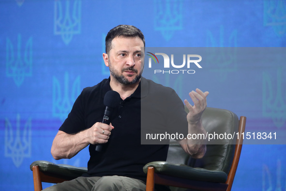 President of Ukraine Volodymyr Zelenskyy holds a news conference during the Ukraine 2024 Independence Forum in Kyiv, Ukraine, on August 27,...