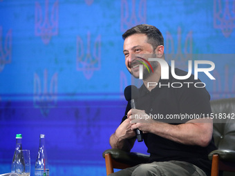 President of Ukraine Volodymyr Zelenskyy holds a news conference during the Ukraine 2024 Independence Forum in Kyiv, Ukraine, on August 27,...