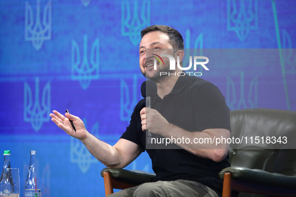 President of Ukraine Volodymyr Zelenskyy holds a news conference during the Ukraine 2024 Independence Forum in Kyiv, Ukraine, on August 27,...