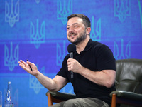 President of Ukraine Volodymyr Zelenskyy holds a news conference during the Ukraine 2024 Independence Forum in Kyiv, Ukraine, on August 27,...