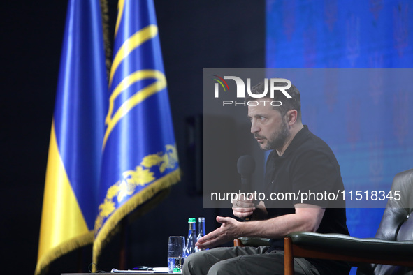 President of Ukraine Volodymyr Zelenskyy holds a news conference during the Ukraine 2024 Independence Forum in Kyiv, Ukraine, on August 27,...