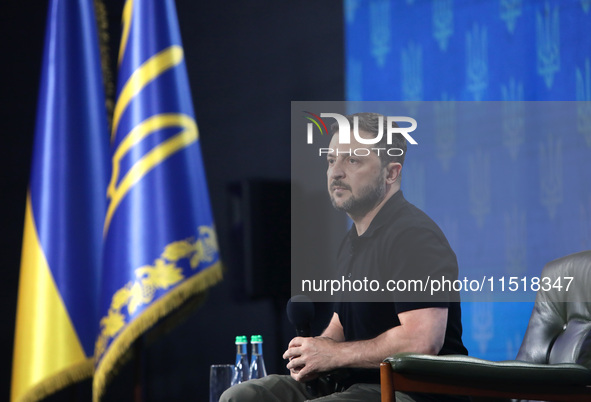 President of Ukraine Volodymyr Zelenskyy holds a news conference during the Ukraine 2024 Independence Forum in Kyiv, Ukraine, on August 27,...