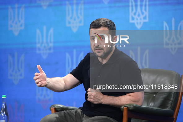 President of Ukraine Volodymyr Zelenskyy holds a news conference during the Ukraine 2024 Independence Forum in Kyiv, Ukraine, on August 27,...