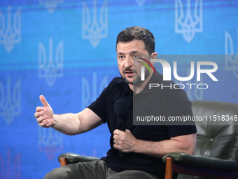 President of Ukraine Volodymyr Zelenskyy holds a news conference during the Ukraine 2024 Independence Forum in Kyiv, Ukraine, on August 27,...