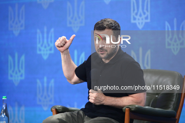 President of Ukraine Volodymyr Zelenskyy holds a news conference during the Ukraine 2024 Independence Forum in Kyiv, Ukraine, on August 27,...