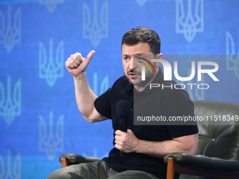 President of Ukraine Volodymyr Zelenskyy holds a news conference during the Ukraine 2024 Independence Forum in Kyiv, Ukraine, on August 27,...