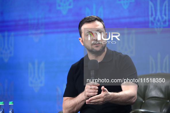 President of Ukraine Volodymyr Zelenskyy holds a news conference during the Ukraine 2024 Independence Forum in Kyiv, Ukraine, on August 27,...