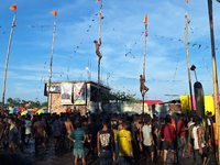 Youths participate in the Dadhi-Kando game organized at Paghalupara near Sahudangi on the outskirts of Siliguri, India, on August 27, 2024,...