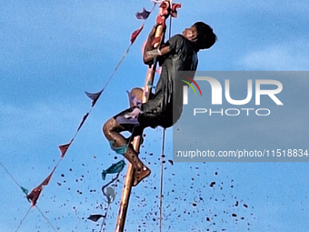 Youths participate in the Dadhi-Kando game organized at Paghalupara near Sahudangi on the outskirts of Siliguri, India, on August 27, 2024,...