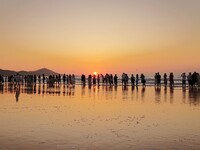 Tourists watch the sunrise at the Golden Beach in Qingdao, China, on August 28, 2024. (