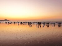 Tourists watch the sunrise at the Golden Beach in Qingdao, China, on August 28, 2024. (