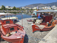 Ecological disaster in Greece with large amount of dead fish wash-up on the beach, shores, port of Volos city and the Pagasetic Gulf spreadi...