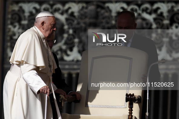 Pope Francis leads the weekly General Audience in Saint Peter's Square, Vatican City, on August 28, 2024. 