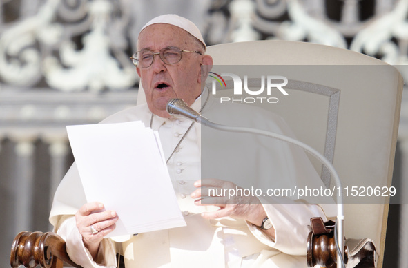 Pope Francis leads the weekly General Audience in Saint Peter's Square, Vatican City, on August 28, 2024. 