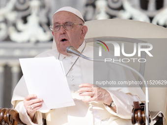 Pope Francis leads the weekly General Audience in Saint Peter's Square, Vatican City, on August 28, 2024. (