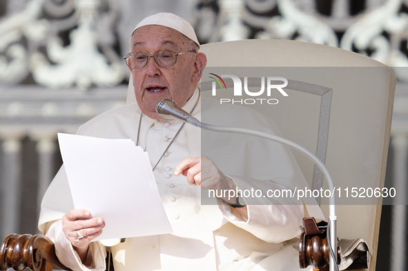 Pope Francis leads the weekly General Audience in Saint Peter's Square, Vatican City, on August 28, 2024. 