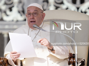 Pope Francis leads the weekly General Audience in Saint Peter's Square, Vatican City, on August 28, 2024. (