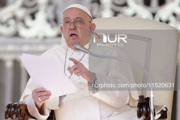 Pope Francis leads the weekly General Audience in Saint Peter's Square, Vatican City, on August 28, 2024. 