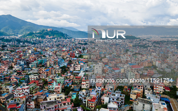 A drone views the city of Kathmandu Valley after rainfall in Kathmandu, Nepal, on August 27, 2024 