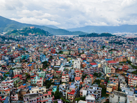 A drone views the city of Kathmandu Valley after rainfall in Kathmandu, Nepal, on August 27, 2024 (