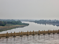 The Yamuna River is seen from the Taj Mahal complex in Agra, Uttar Pradesh, India, on May 5, 2022. (