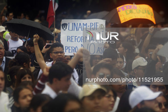 Students and workers of the Faculty of Law of the UNAM protest with banners in the facilities of Ciudad Universitaria in Mexico City, Mexico...