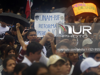 Students and workers of the Faculty of Law of the UNAM protest with banners in the facilities of Ciudad Universitaria in Mexico City, Mexico...