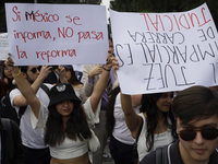 Students and workers of the Faculty of Law of the UNAM protest with banners in the facilities of Ciudad Universitaria in Mexico City, Mexico...