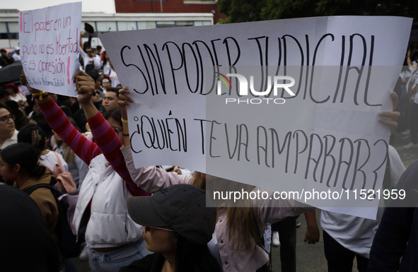 Students and workers of the Faculty of Law of the UNAM protest with banners in the facilities of Ciudad Universitaria in Mexico City, Mexico...