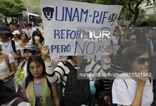 Students and workers of the Faculty of Law of the UNAM protest with banners in the facilities of Ciudad Universitaria in Mexico City, Mexico...