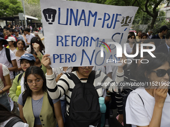 Students and workers of the Faculty of Law of the UNAM protest with banners in the facilities of Ciudad Universitaria in Mexico City, Mexico...