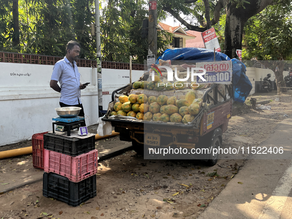 A man sells papayas along the roadside in Thiruvananthapuram (Trivandrum), Kerala, India, on April 16, 2024. 