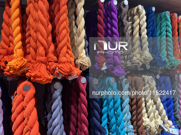 Colourful dupatta scarves are displayed at a textile shop in Thiruvananthapuram, Kerala, India, on April 16, 2024. 