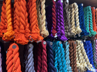 Colourful dupatta scarves are displayed at a textile shop in Thiruvananthapuram, Kerala, India, on April 16, 2024. (