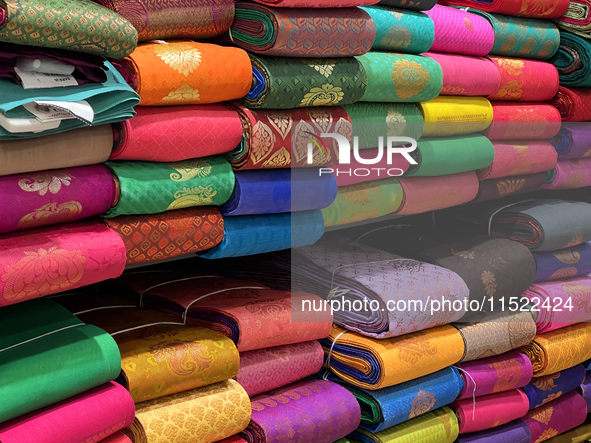 Sarees are at a discount textile shop in Thiruvananthapuram, Kerala, India, on April 16, 2024. 