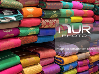 Sarees are at a discount textile shop in Thiruvananthapuram, Kerala, India, on April 16, 2024. (