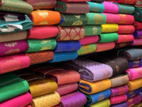 Sarees are at a discount textile shop in Thiruvananthapuram, Kerala, India, on April 16, 2024. (