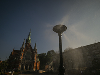 KRAKOW, POLAND - AUGUST 28:
A water sprinkler has been set up in Podgorze's Market Square for passers-by, as Southern Poland and Krakow face...