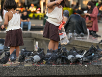 KRAKOW, POLAND - AUGUST 28:
Young visitors feed a flock of pigeons in Krakow's UNESCO Market Square as Southern Poland and Krakow endure a h...