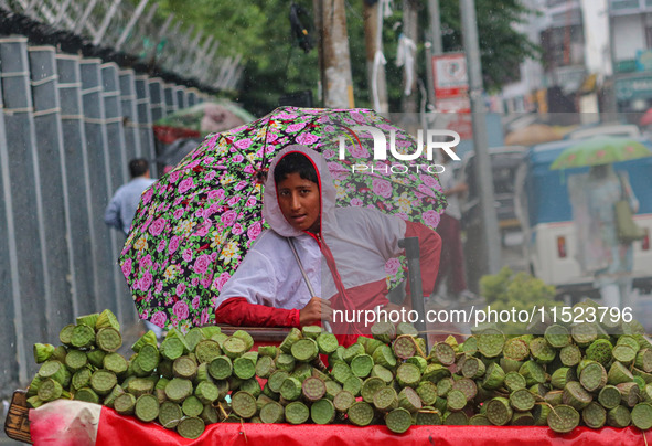 A boy holds an umbrella while waiting for customers as it rains in Srinagar, Jammu and Kashmir, on August 29, 2024. 