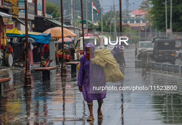 An elderly man wears a raincoat as it rains in Srinagar, Jammu and Kashmir, on August 29, 2024. 