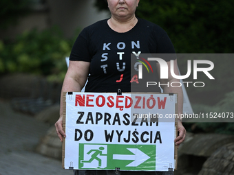 KRAKOW, POLAND - AUGUST 28:
An activist holds a placard reading 'Neo-Judges, please step down' as members of the KOD (Committee for the Defe...