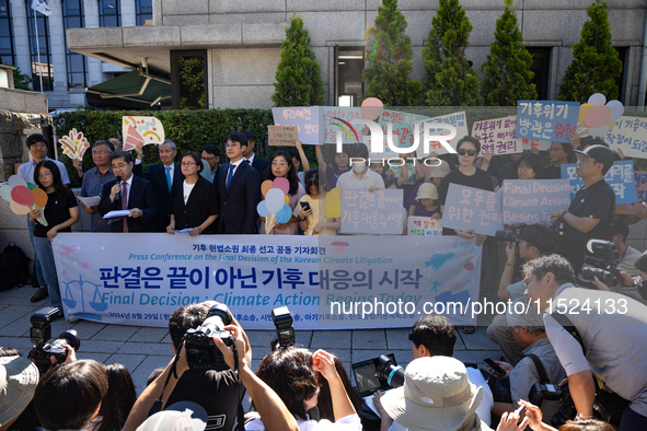 At a joint press conference in front of the Constitutional Court in Jongno-gu, Seoul, South Korea, on August 29, 2024, youth climate litigan...